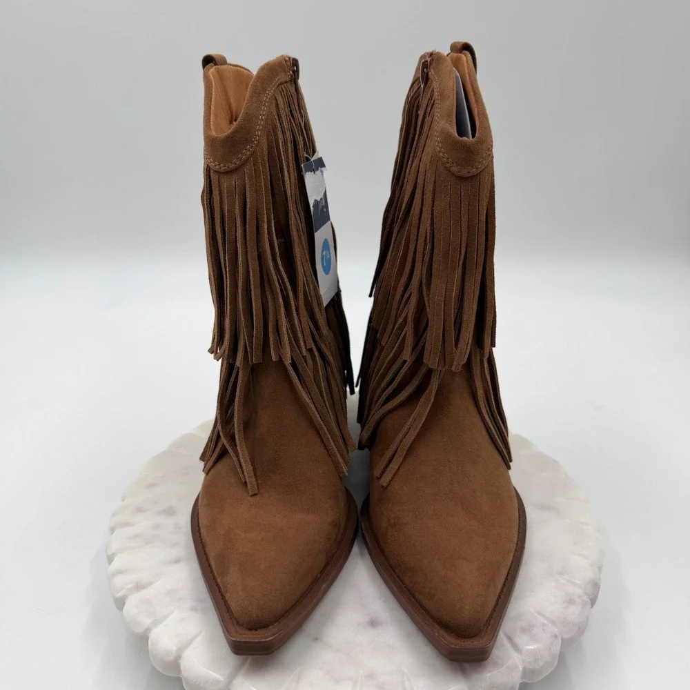 Universal Thread Austin Fringe Western Boots Cognac Brown Faux Suede Womens 7.5